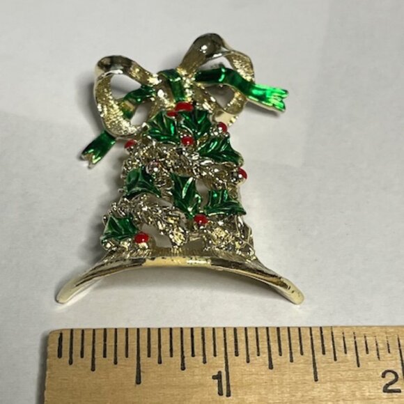 VTG Gerry's Christmas Holiday Bell Gold Tone Red Green Movable Bow Brooch Pin 2" - Picture 13 of 15